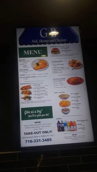 Menu G & B Fish, Shrimp and Chicken