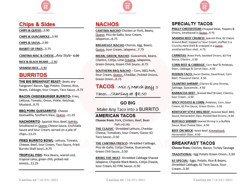 Menu Cantina 62