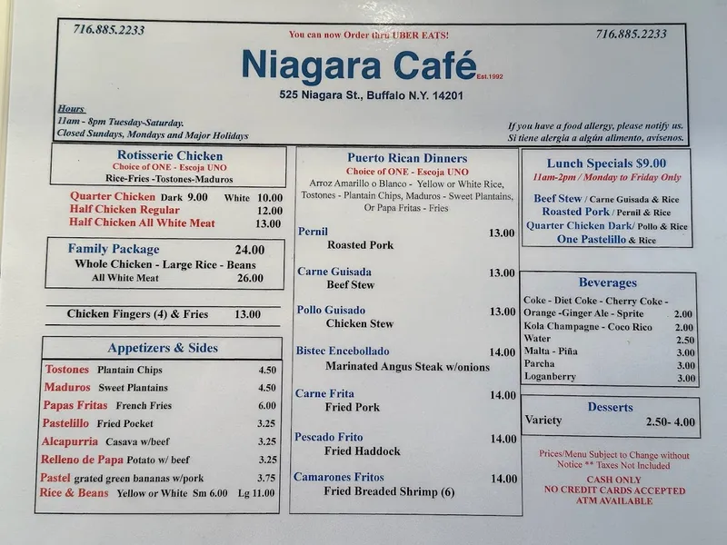 Menu Niagara Cafe