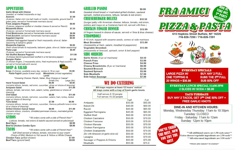 Menu FRA AMICI PIZZA & PASTA