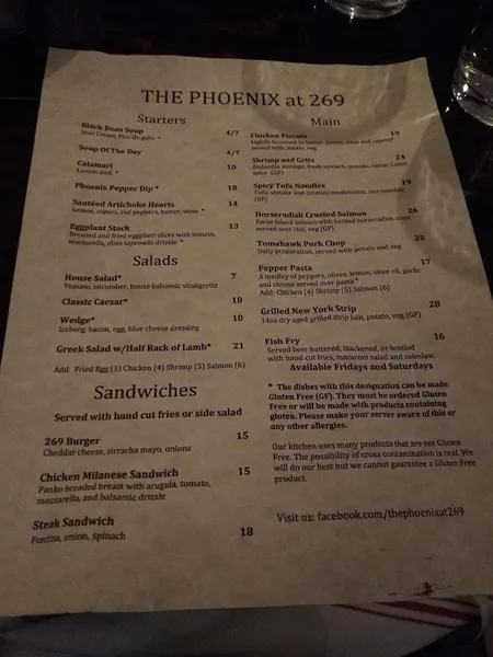 Menu The Phoenix at 269