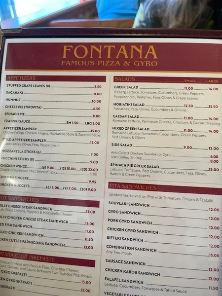 Menu Fontana Famous Pizza & Gyro