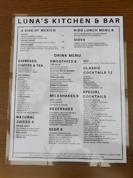 Menu Luna's Kitchen & Bar