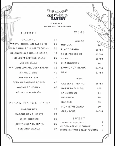 Menu Crispy Heaven bakery and restaurant