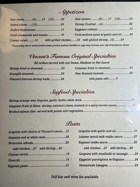 Menu Original Vincent's