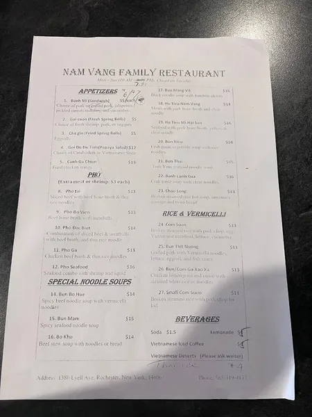 Menu Nam Vang Restaurant