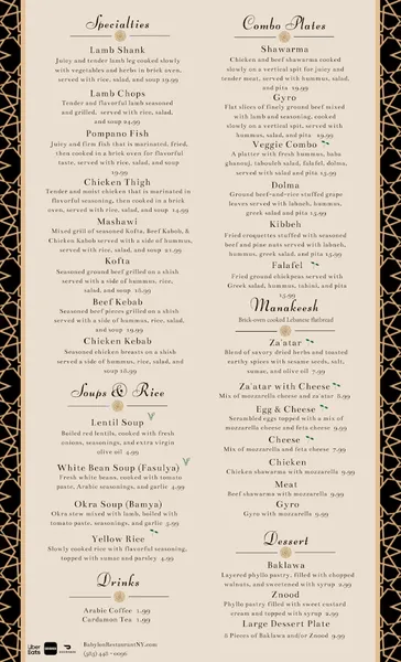 Menu Babylon Restaurant