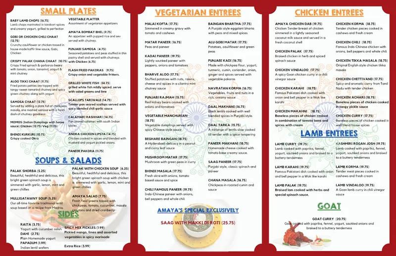 Menu Amaya Indian Cuisine