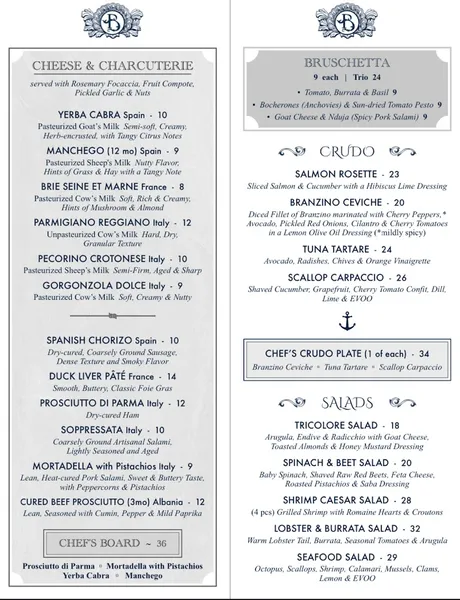 Menu Blue Seafood Bar