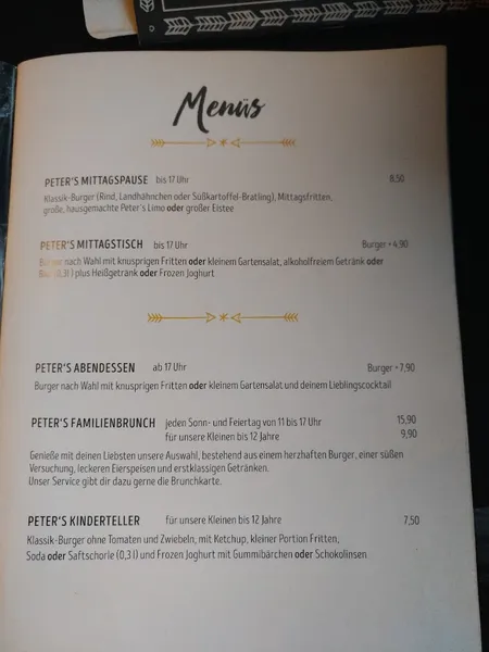 menu 1 of PETER PANE Burgergrill & Bar