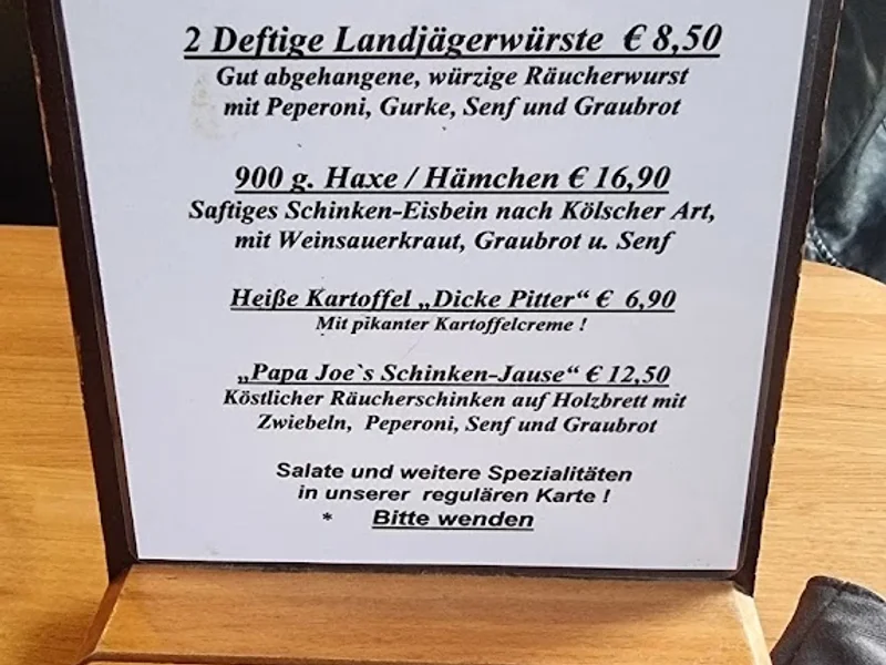 menu 1 of Papa Joe's Biersalon Klimperkasten