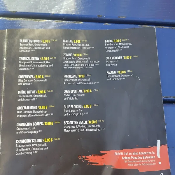 menu 2 of Papa Joe's Biersalon Klimperkasten