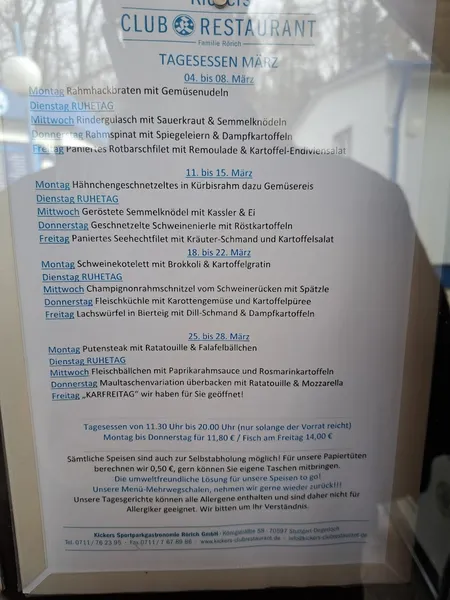 menu 0 of Kickers-Clubrestaurant
