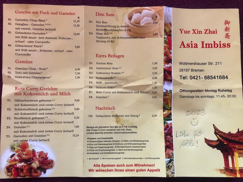 menu 2 of Yue Xin Zhai Asia Imbiss