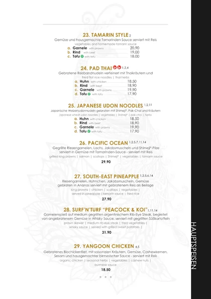 menu 2 of Peacock & Koi