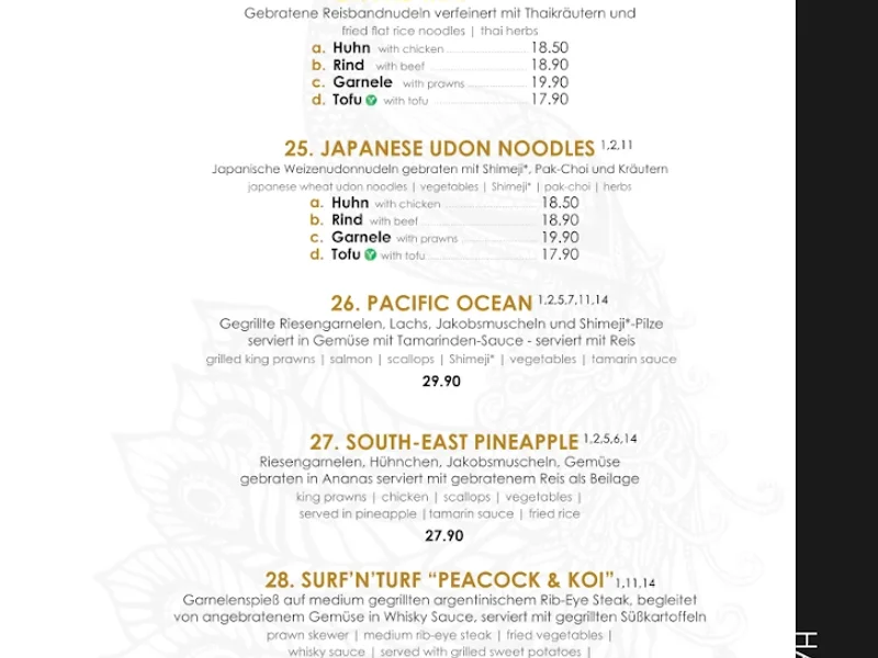 menu 2 of Peacock & Koi