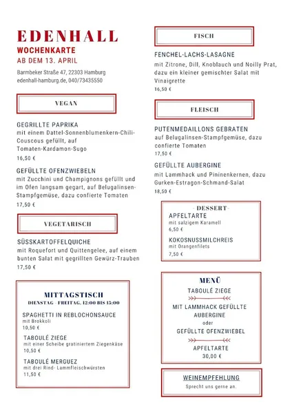 menu 1 of Edenhall
