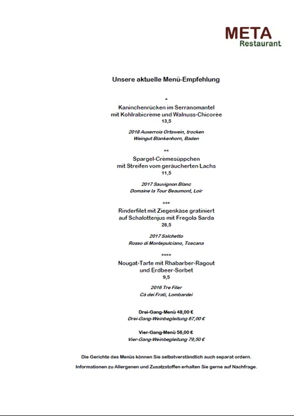 menu 1 of META Restaurant Köln