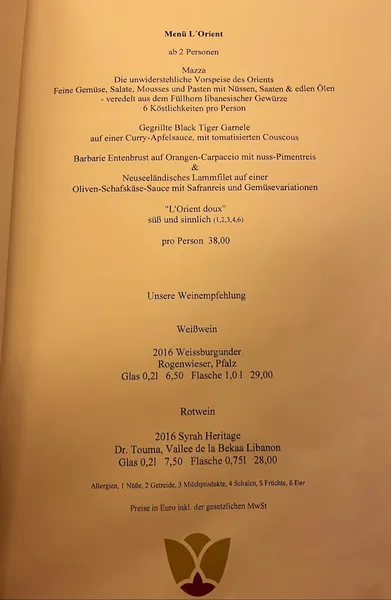 menu 1 of L'Orient Restaurant Café Catering