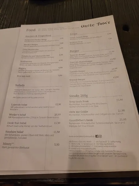 menu 0 of Uncle Tom's