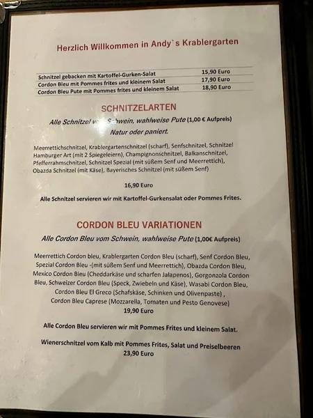 menu 1 of Andy's Krablergarten