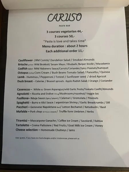 menu 1 of CARUSO Pastabar