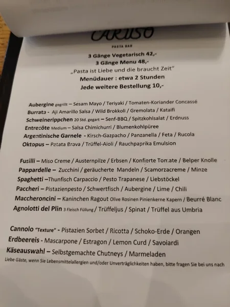 menu 2 of CARUSO Pastabar