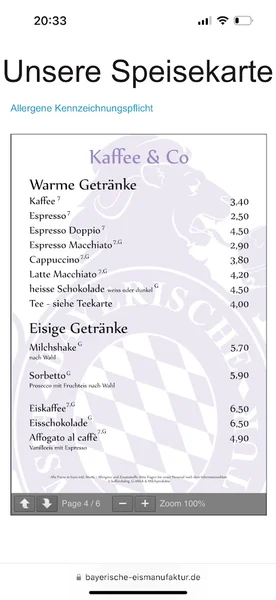 menu 1 of Bayerische Eismanufaktur