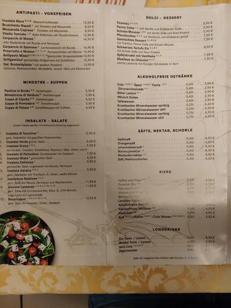 menu 1 of Leonardo da Vinci | Italienisches Park-Restaurant Ristorante