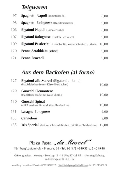 menu 1 of Pizzeria Da Marcel