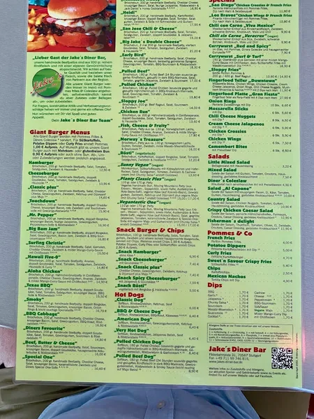 menu 0 of Jakes Diner Bar