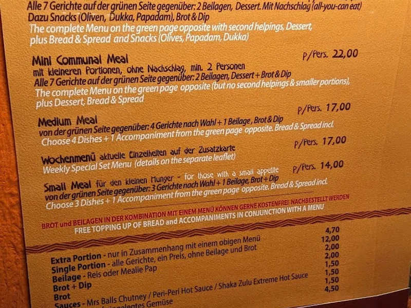 menu 2 of Shaka Zulu