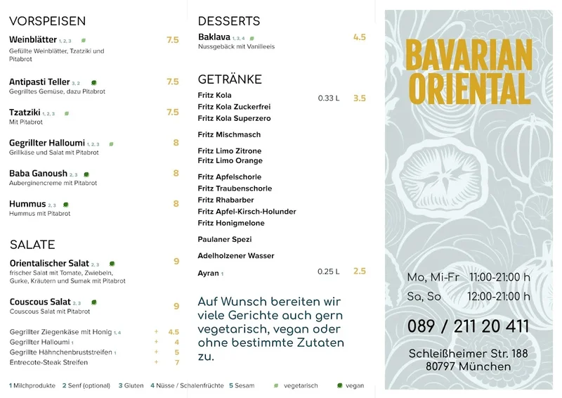 menu 1 of Bavarian Oriental