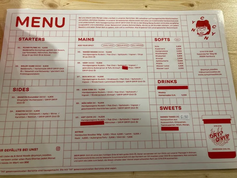 menu 2 of CYN CYN Handpulled Noodles