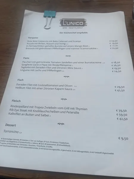 menu 0 of L'Unico