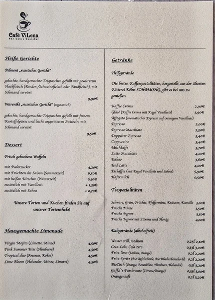 menu 0 of Café Vílena