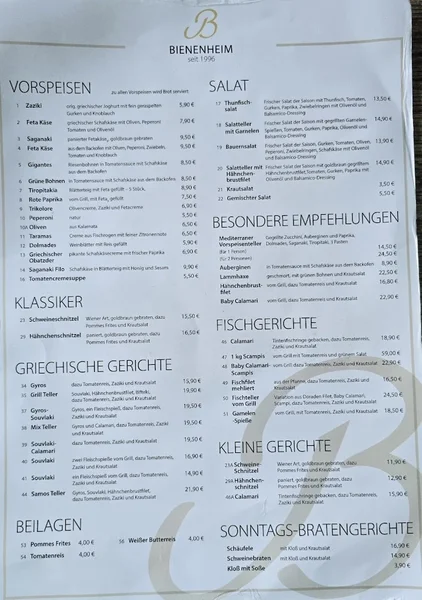 menu 0 of Restaurant Bienenheim