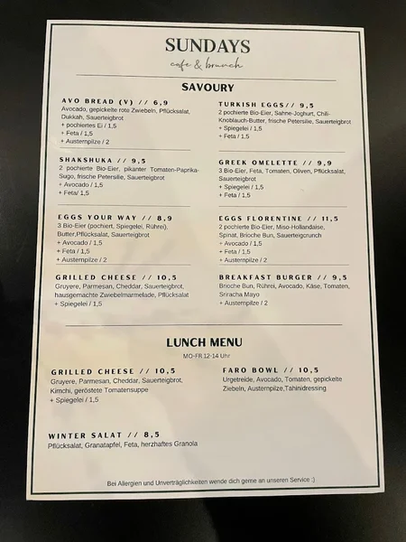 menu 0 of SUNDAYS