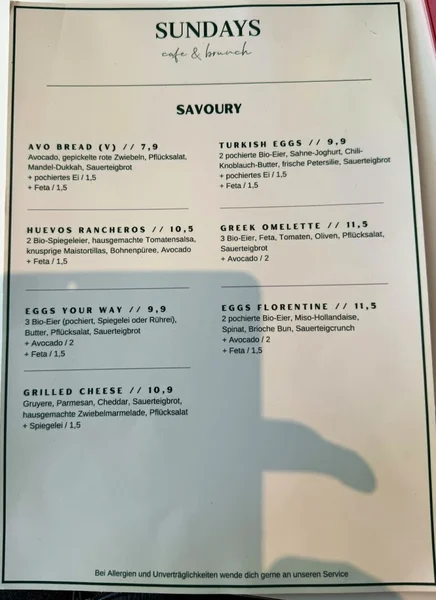 menu 1 of SUNDAYS