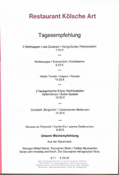 menu 1 of Restaurant & Kneipe Köln | Kölsche Art
