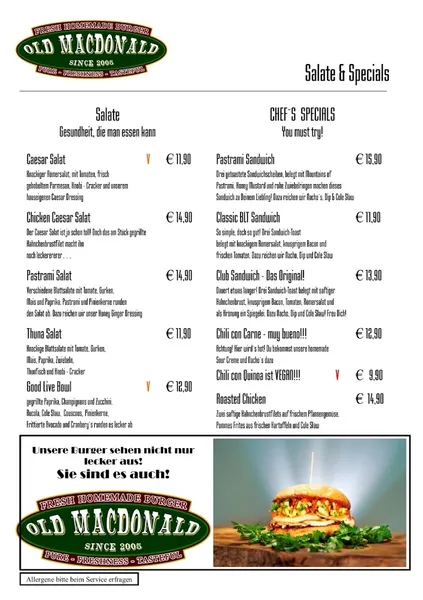 menu 1 of Old MacDonald Burger-Restaurant, Biergarten und Sportsbar