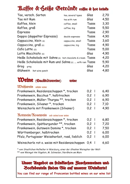 menu 0 of "Trödelstuben", Wein- und Bierstuben, Restaurant