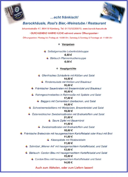menu 0 of Barockhäusle Restaurant, Biergarten, Wein- & Bierstube bei Rosi