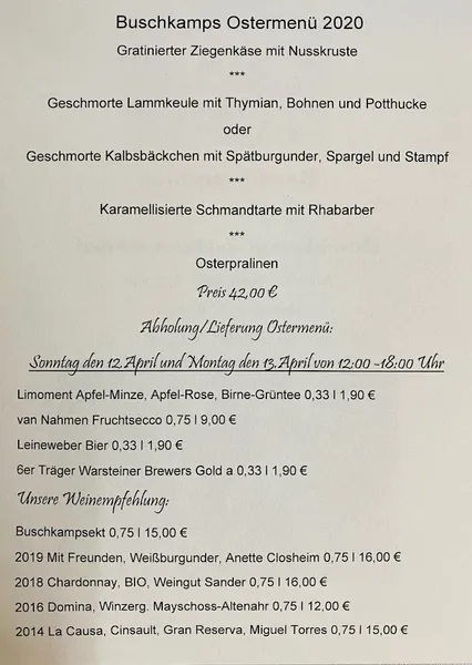 menu 1 of Historisches Gasthaus Buschkamp & Auberge le Concarneau