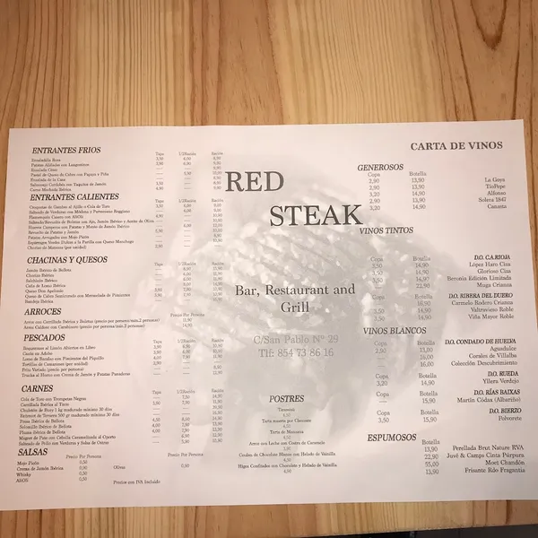 menu 0 of Red steak bar, restaurant and grill