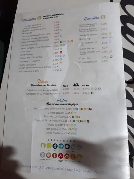 menu 0 of Bar La Paloma