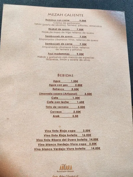 menu 1 of Antara - Restaurante Libanés