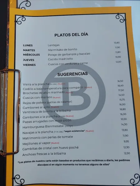 menu 0 of Bienmesabe Goya
