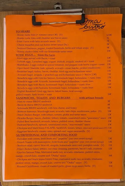 menu 0 of OMA Bistró