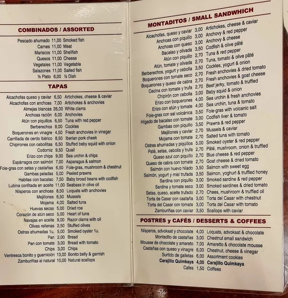 menu 1 of Quimet & Quimet